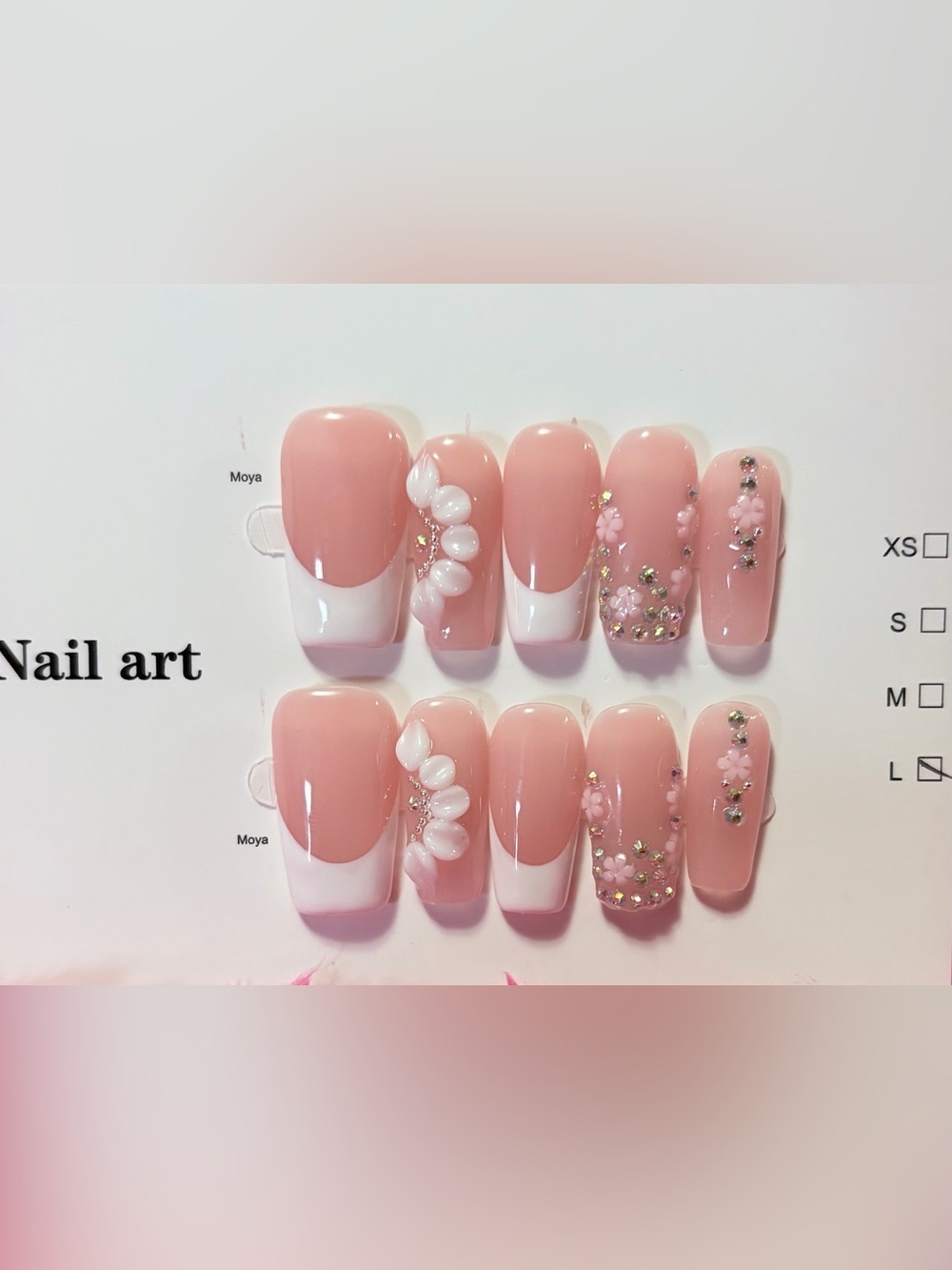 Pink Nude French Manicure Press-On Nails with 3D Floral Accents